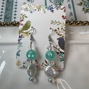 #6 REAL PEARL $65 Mint Green Bead and Iridescent Drop Earrings - Women Jewelry